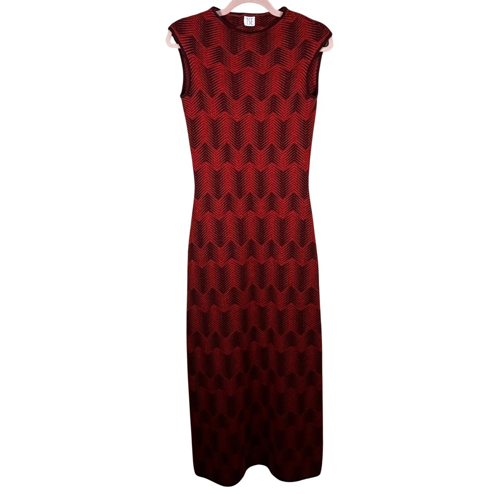 TSE Cashmere Chevron Knit Sleeveless Maxi Column Dress XS Orange Brown Boho Chic